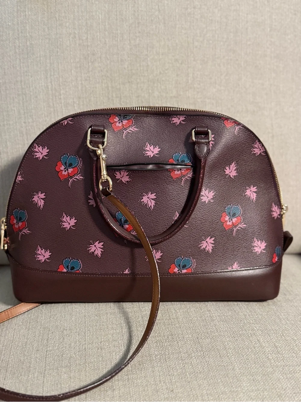 Coach Sierra Satchel Floral Print Oxblood Brown Crossbody F11919 Leather Trim
